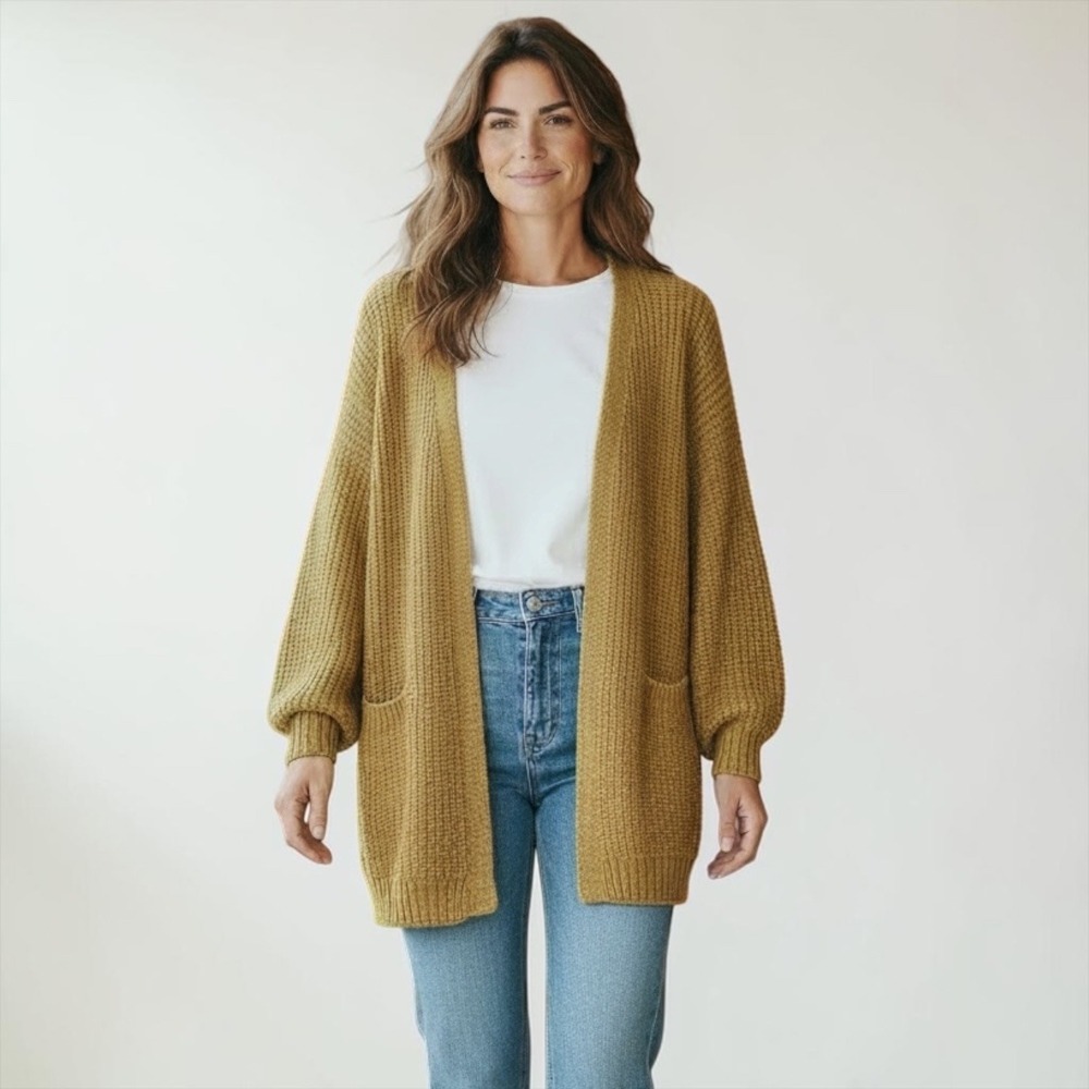 Mustard Yellow Ribbed Knit Open Cardigan Long Sweater Size Smal No Pockets